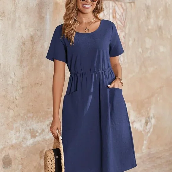 Women's Cotton Linen Midi Dress Casual Short Sleeve Flowly Beach Tunic - Picture 3 of 7